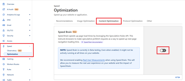 Disabling CloudFlare Speed Brain for the entire site